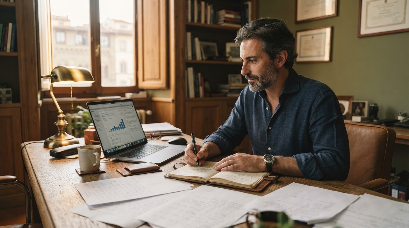 Imprenditore al lavoro nel proprio ufficio, applicando il Metodo Xpert Flow