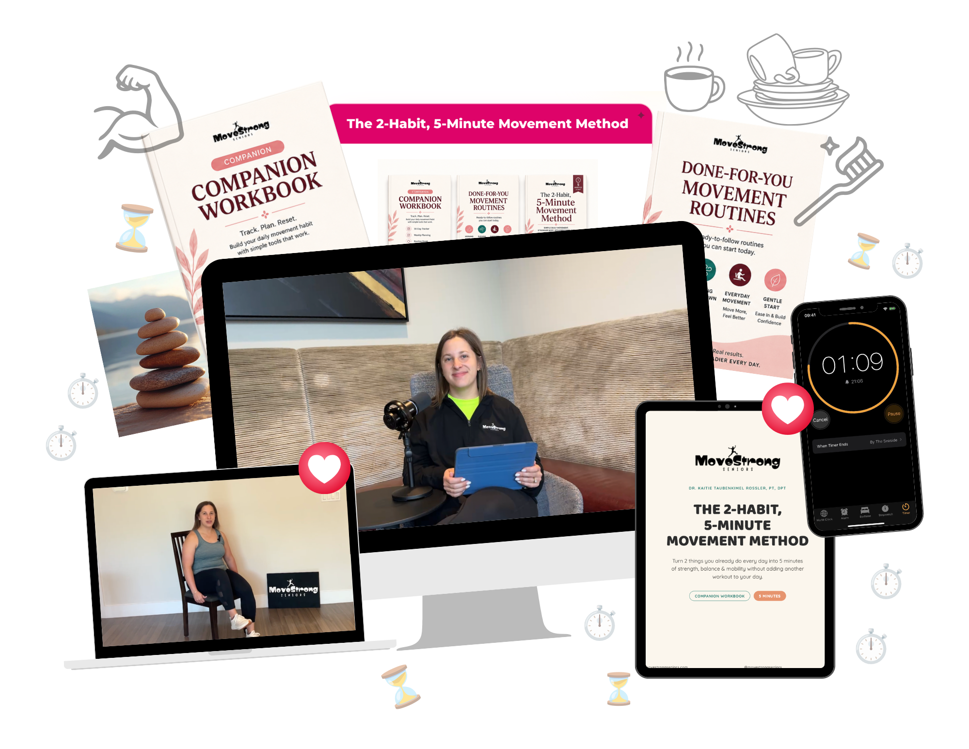 The 2-Habit, 5-Minute Movement Method bundle: course, companion workbook, done-for-you routines, and quick-reference card