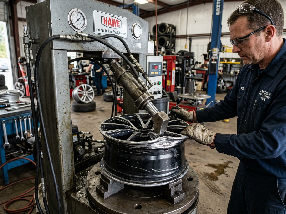 Bent wheel being repaired at Cleveland Rim Repair