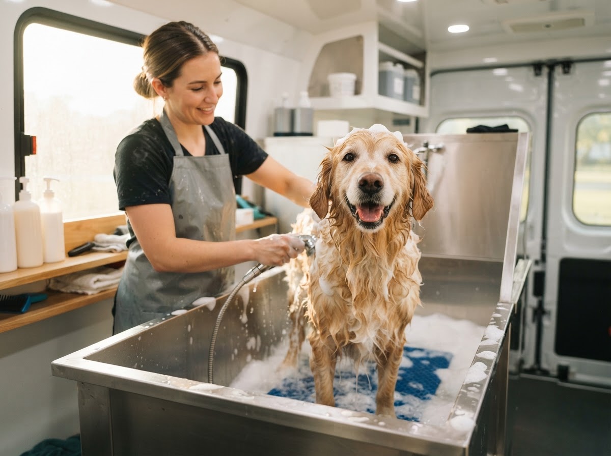 Dog receiving professional de-skunking treatment during mobile grooming service in Riverside CA