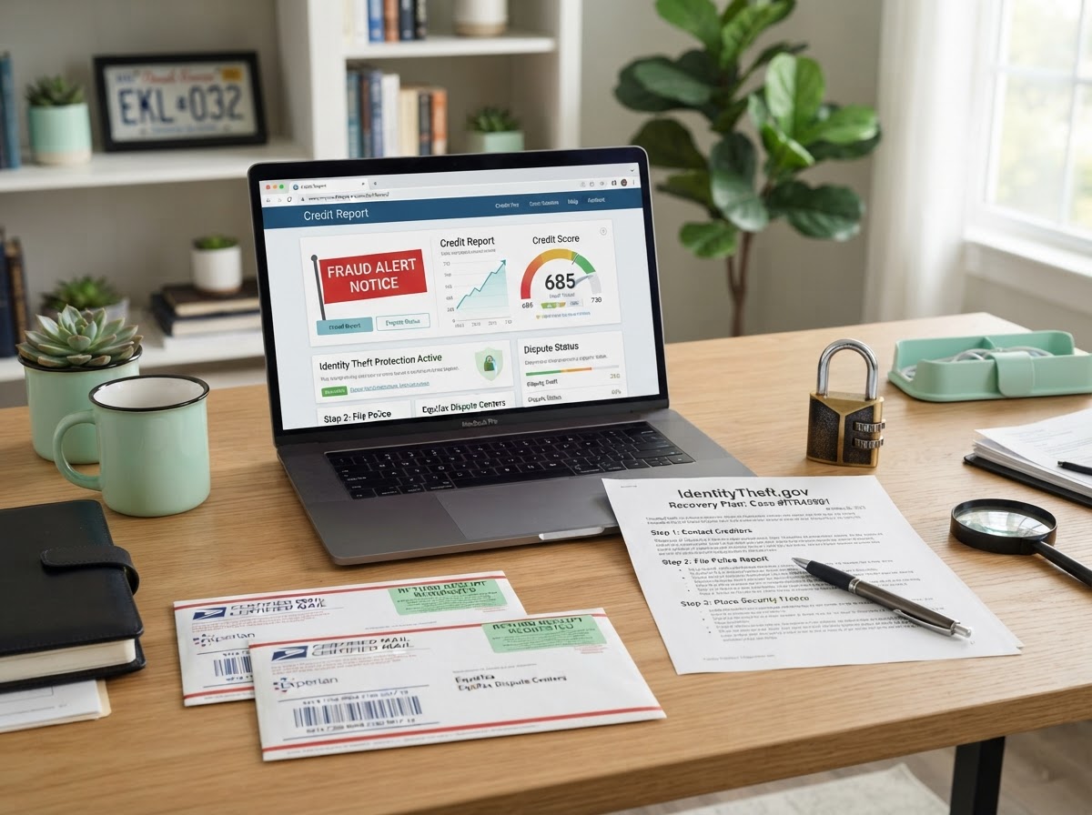 An identity theft recovery workspace with a laptop displaying a credit report with a fraud alert notice and a rising credit score chart, a printed IdentityTheft.gov recovery plan, a padlock symbolizing a security freeze, certified mail envelopes, a magnifying glass, and a pen on a clean modern desk, no people, mint green and dark accents