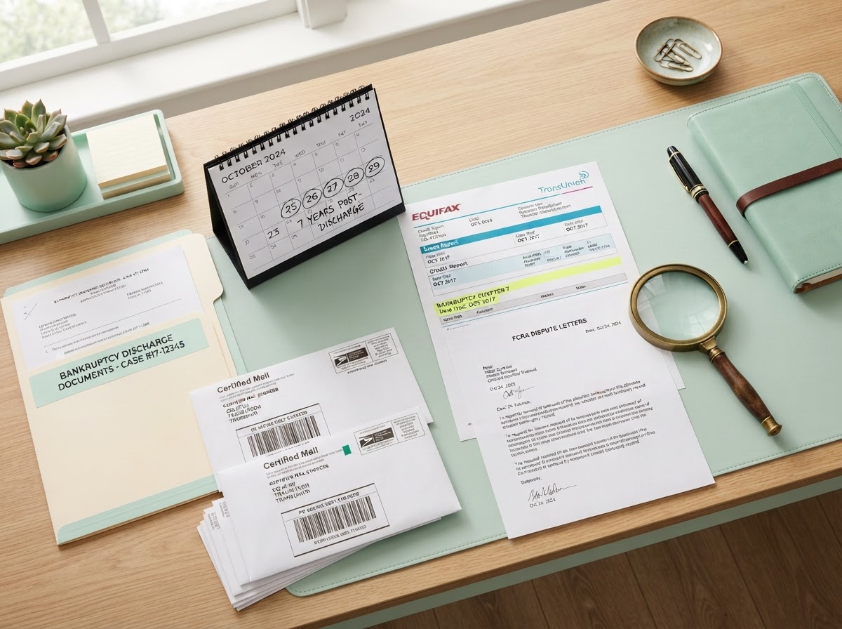 A people-free realistic flat-lay of an early bankruptcy removal workspace: a printed credit report with a bankruptcy entry highlighted, a bankruptcy discharge document folder, a desk calendar counting seven years, certified mail envelopes, FCRA dispute letters, a magnifying glass, and a fountain pen neatly arranged on a modern desk with mint green accents