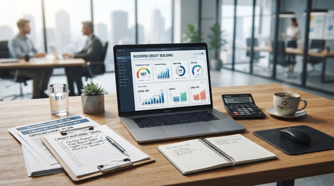 Business credit building workspace with a laptop showing business credit charts, corporate documents, a checklist clipboard, and a calculator on a modern office desk