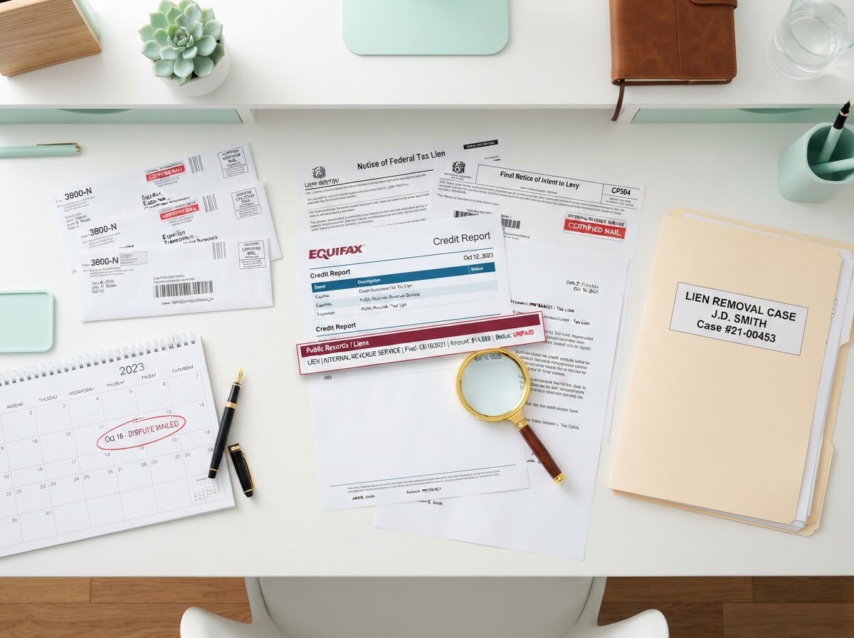 A people-free realistic flat-lay of a tax lien removal workspace: a printed credit report with a red tax lien entry highlighted, IRS notice documents, certified mail envelopes, formal FCRA dispute letters, a courthouse file folder, a desk calendar, a magnifying glass, and a fountain pen neatly arranged on a modern desk with mint green accents