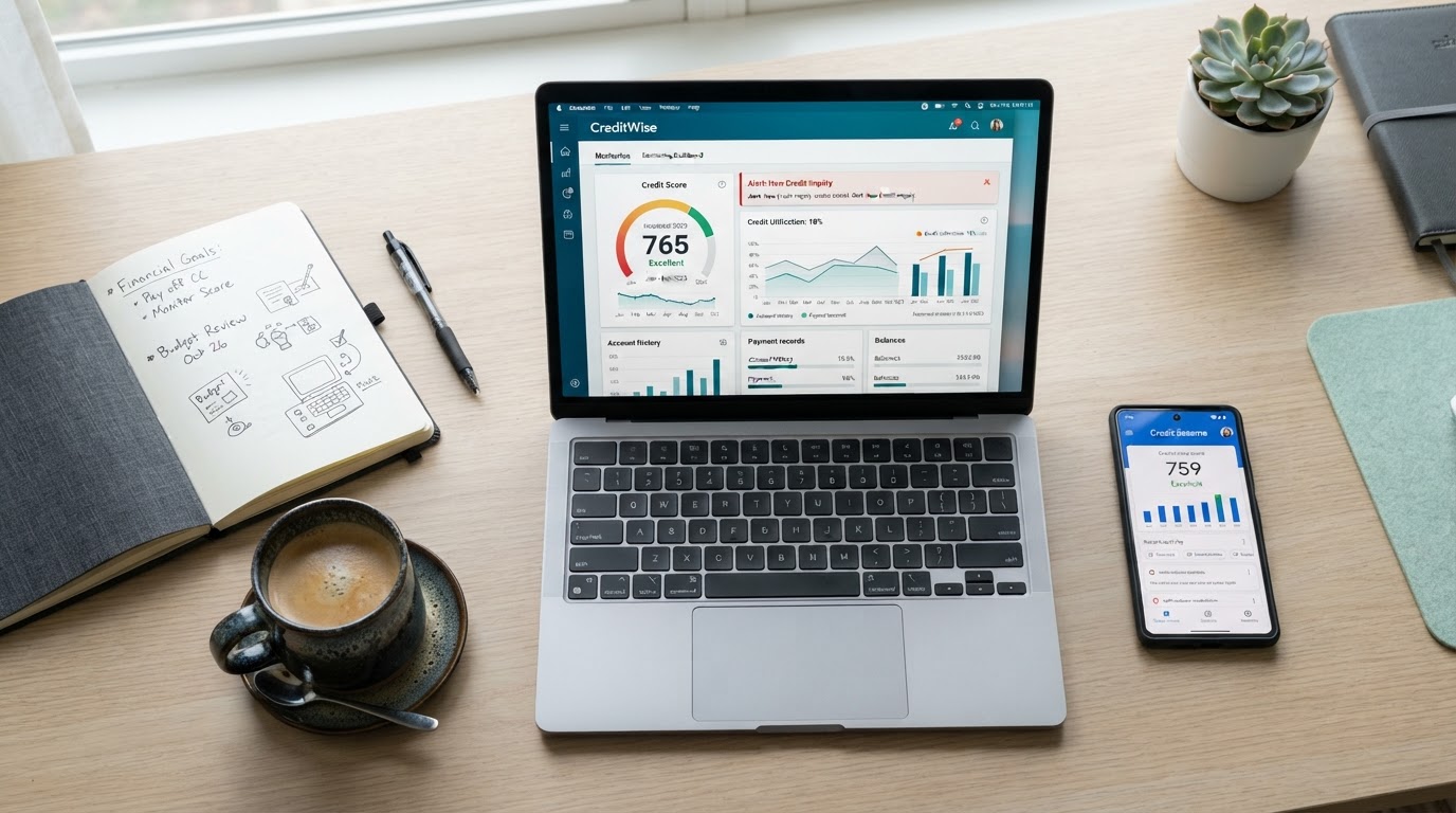 A flat-lay of a modern desk with a laptop displaying a credit monitoring dashboard with score graphs and alerts, a smartphone showing a credit score app, a notebook, and a coffee cup, no people, mint green and dark accents