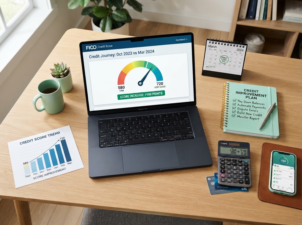A credit score improvement workspace with a laptop displaying a FICO score gauge jumping from 580 to 720, a checklist notebook, a calculator, stacked credit cards, a small calendar, and a rising bar chart, no people, mint green and dark accents