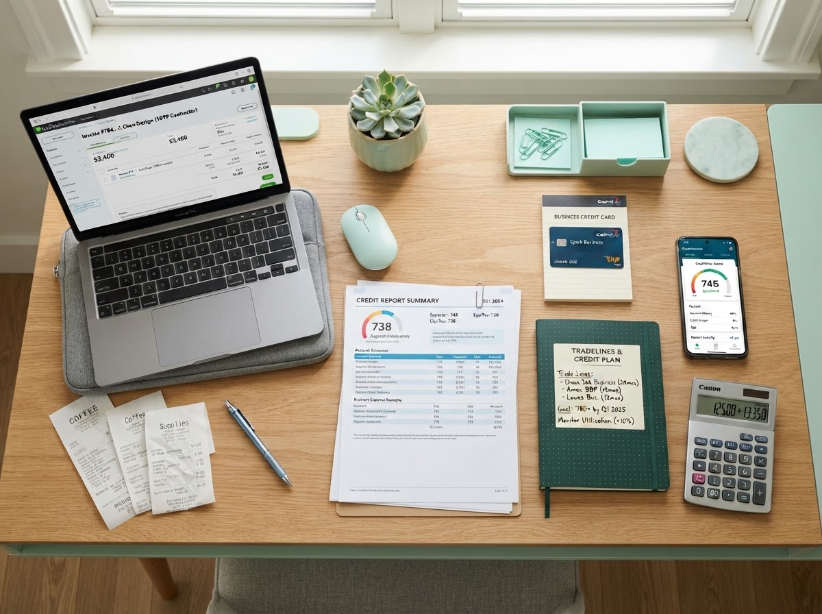 A people-free realistic flat-lay of a self-employed credit workspace: a printed credit report, a laptop showing a 1099 contractor invoice, business expense receipts, a business credit card mockup, a notebook listing tradelines, a smartphone showing a credit score dashboard, a pen, and a calculator neatly arranged on a modern desk with mint green accents