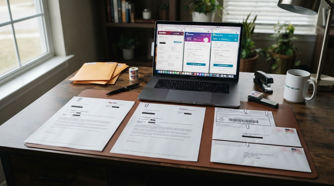 Credit report dispute workspace with formal dispute letters, certified mail receipts, a laptop showing three credit bureau websites, stamps, and envelopes with documents