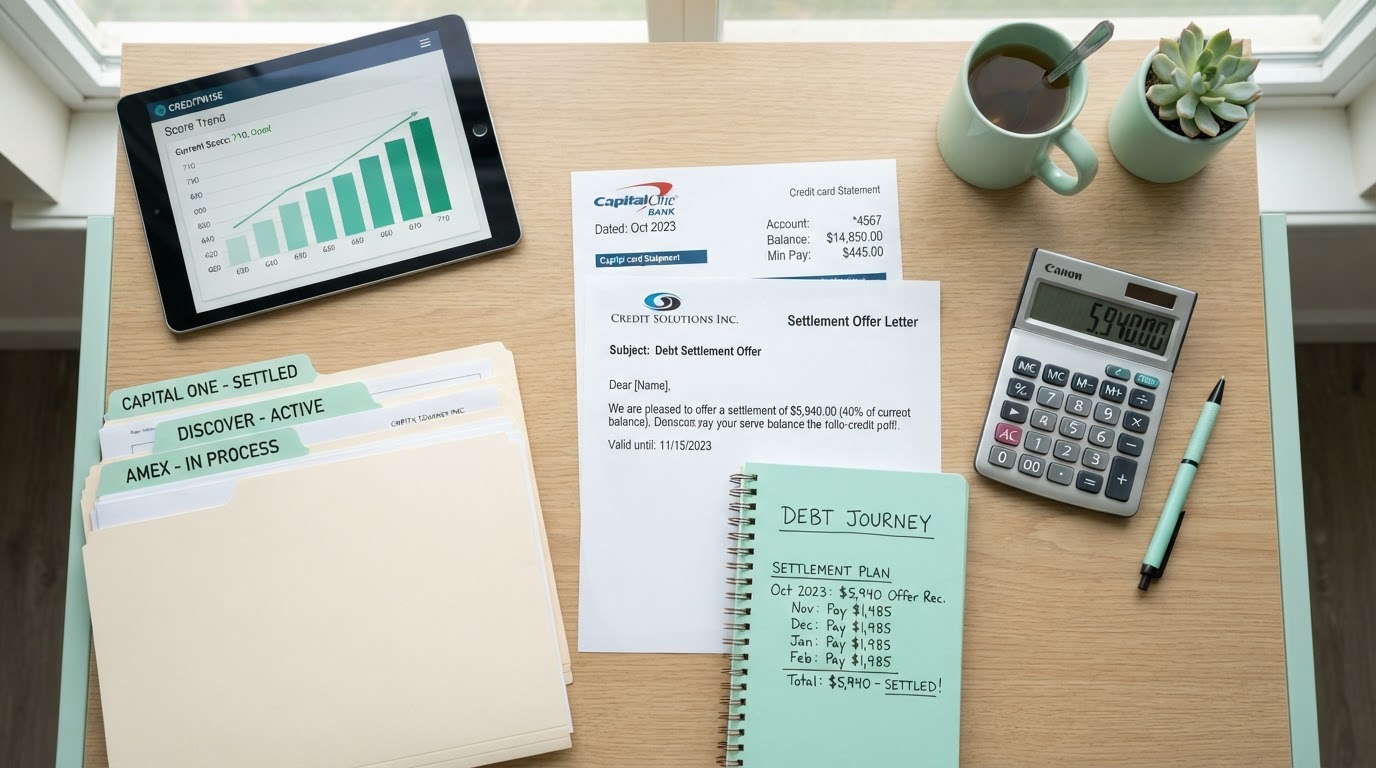 A people-free flat-lay of a debt settlement workspace: a credit card statement with a settlement offer letter, a calculator showing a reduced payoff amount, a pen, file folders, a notebook with payment plan notes, and a small rising credit score chart on a tablet, all on a modern desk with mint green accents