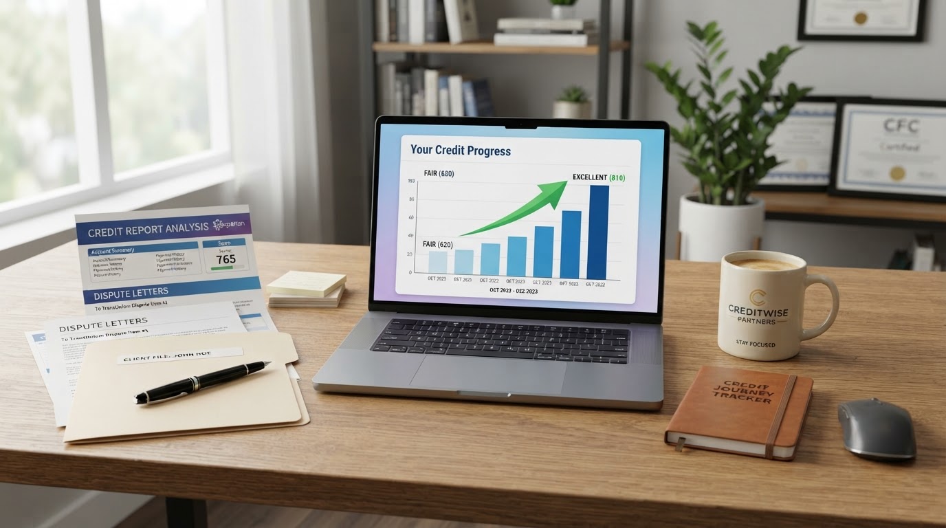 Credit repair workspace with credit reports, financial documents, and a laptop displaying a rising credit score chart