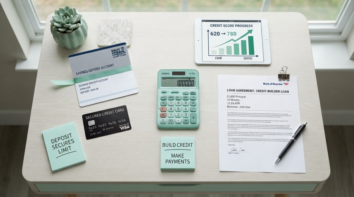 A people-free flat-lay comparing a secured credit card and a credit-builder loan: a secured credit card, a savings account passbook representing a secured deposit, a loan agreement document, a rising credit score chart on a small tablet, a calculator, and a pen on a modern desk with mint green accents