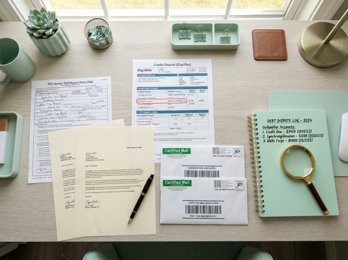 A people-free realistic flat-lay of a debt-you-dont-owe dispute workspace: a printed credit report with a red fraudulent account highlighted, an FTC identity theft report form, FCRA dispute letters, certified mail envelopes, a notebook listing unfamiliar accounts, a magnifying glass, and a fountain pen neatly arranged on a modern desk with mint green accents