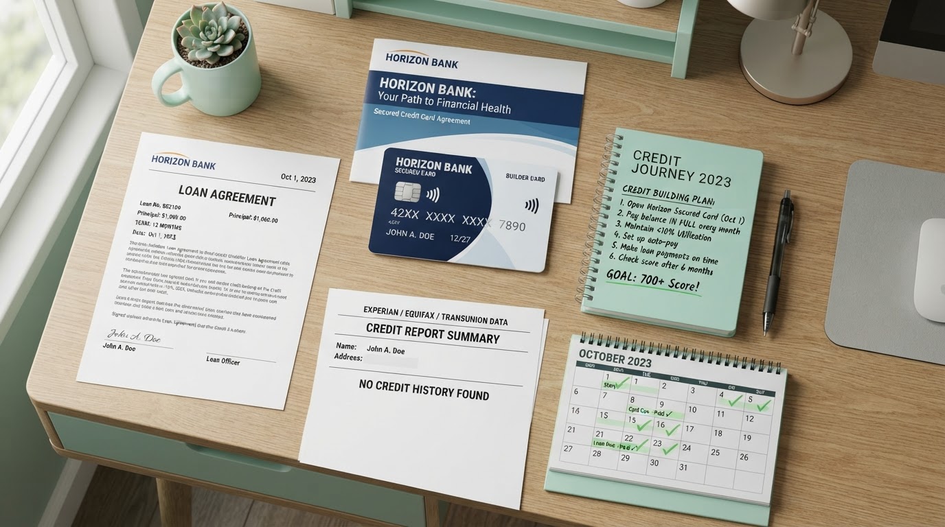 A people-free realistic flat-lay for building credit from scratch: a brand-new secured credit card on top of its welcome packet, a credit-builder loan agreement document, a blank starter credit report, a notebook with a handwritten credit-building plan, a desk calendar tracking on-time payments, and a pen on a modern desk with mint green accents