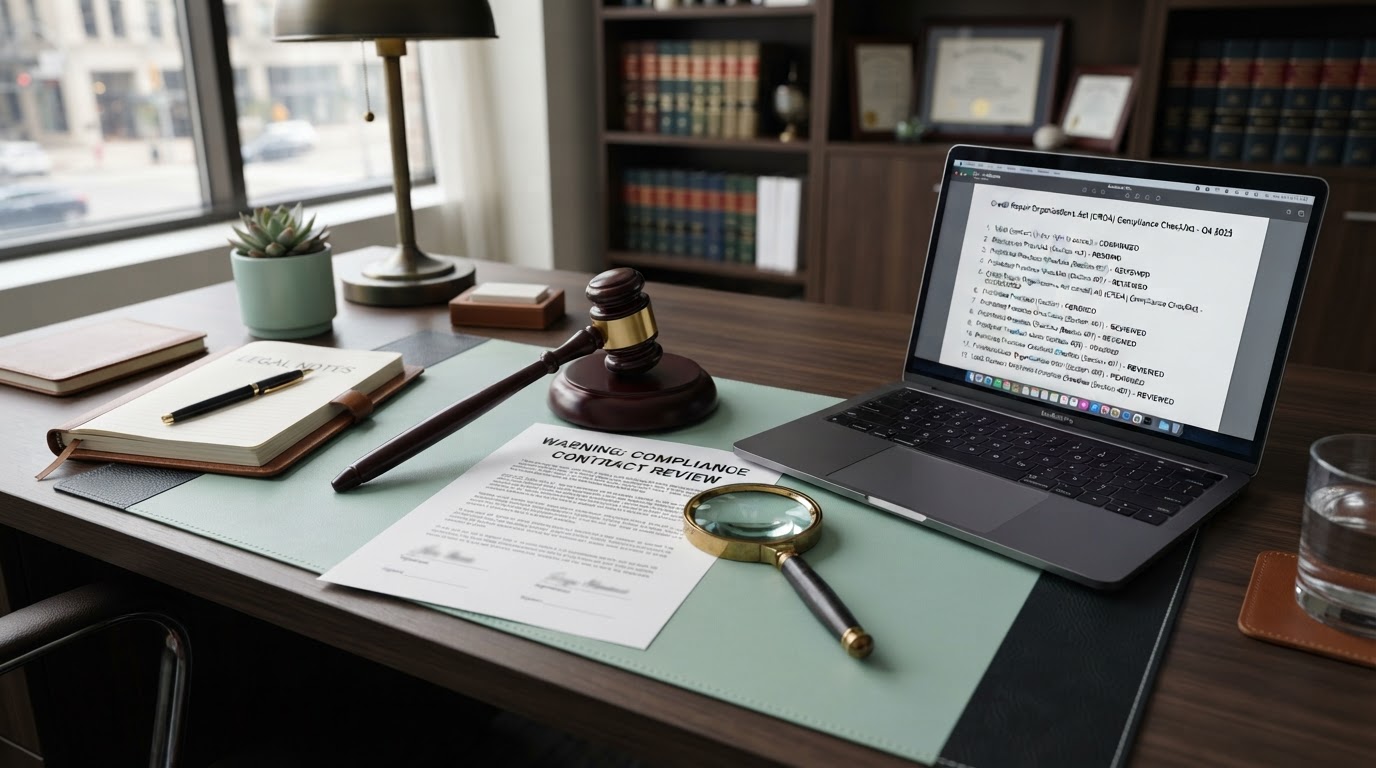 A desk with a contract document, a gavel, a magnifying glass, and a laptop showing a Credit Repair Organizations Act compliance checklist, no people, mint green and dark accents