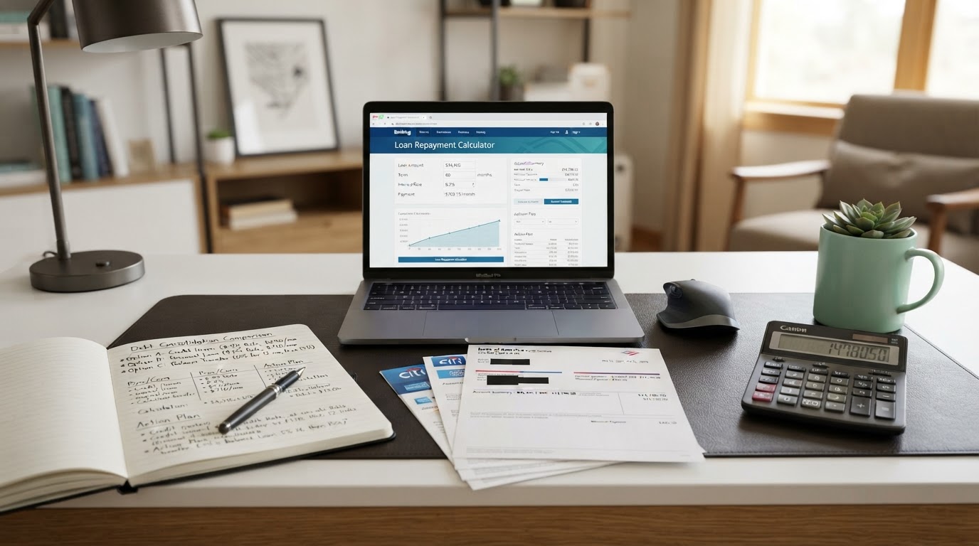 A desk with a calculator, a stack of credit card statements, a notebook comparing debt consolidation options, a pen, and a laptop showing a loan calculator, no people, mint green and dark accents