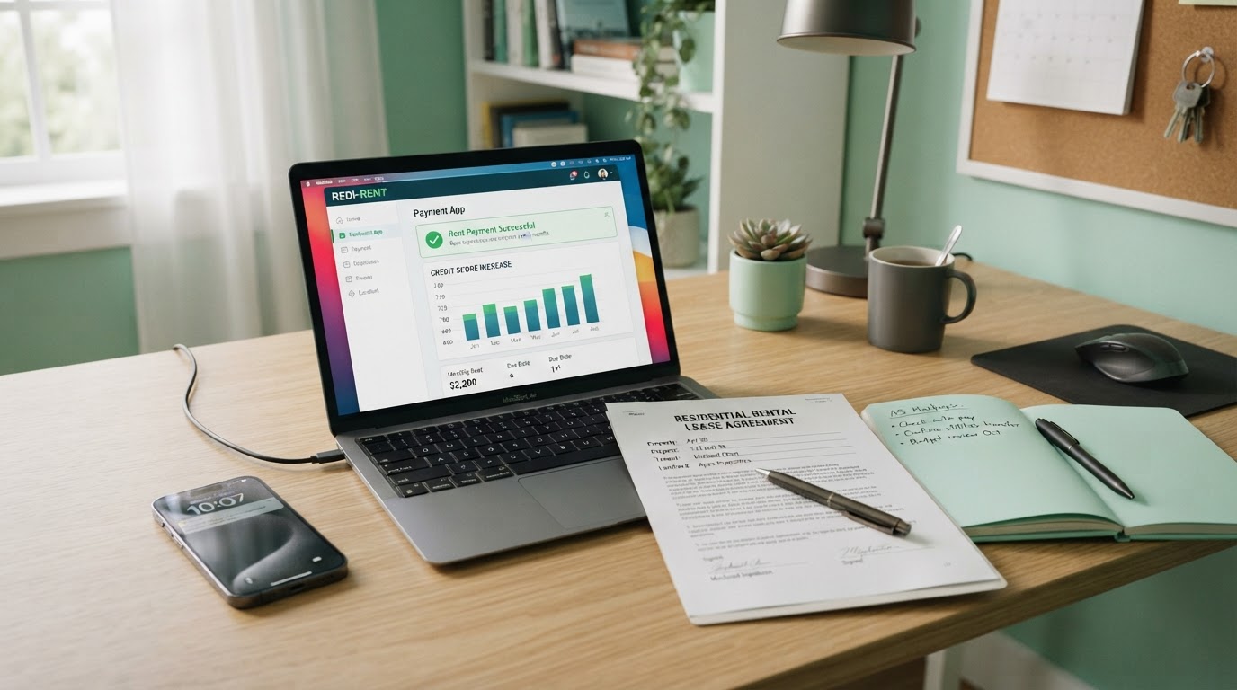 A desk with a rental lease agreement, a laptop showing a rent payment app and a rising credit score chart, a smartphone, and a notebook, no people, mint green and dark accents