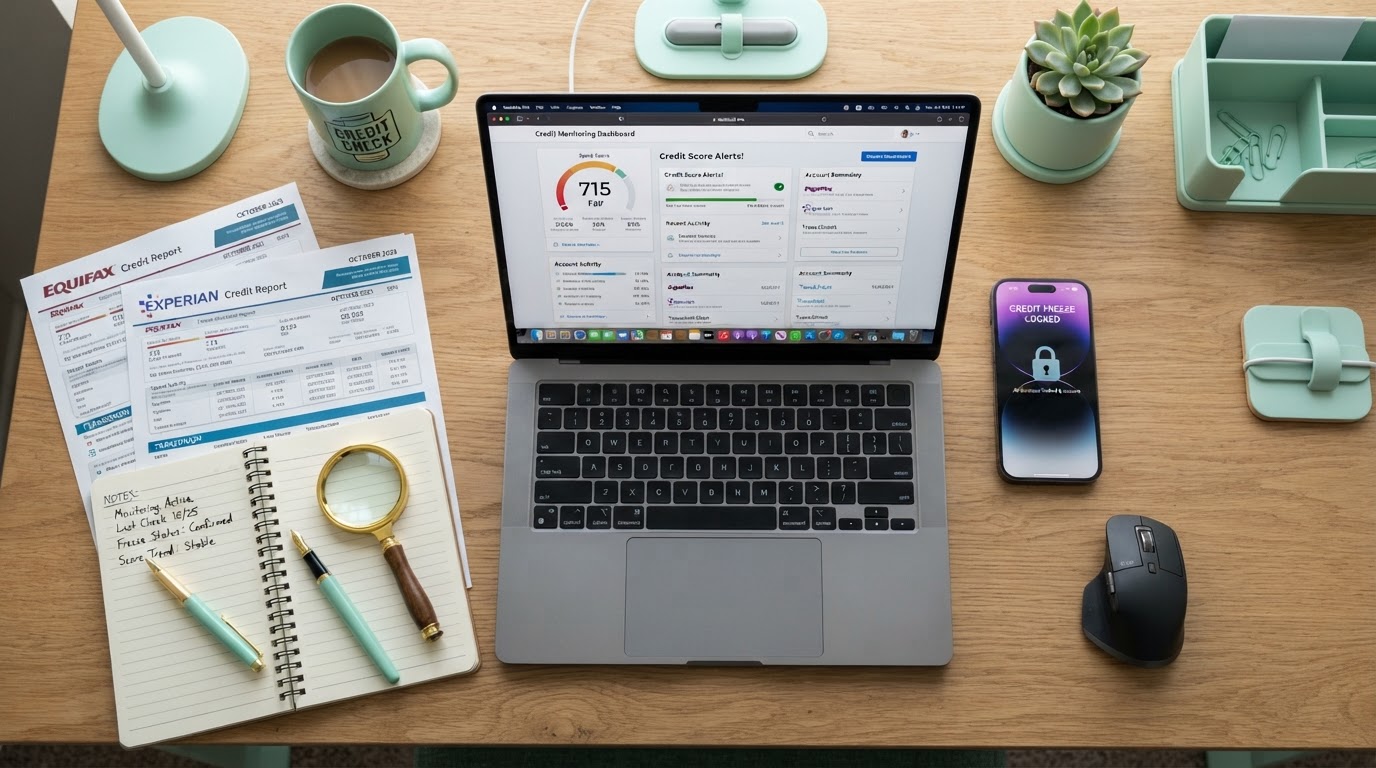 A people-free realistic flat-lay of a credit monitoring workspace: a laptop displaying a credit monitoring dashboard with score alerts, a smartphone showing a credit freeze lock screen, printed credit reports from three bureaus, a notebook with monitoring notes, a magnifying glass, and a pen on a modern desk with mint green accents