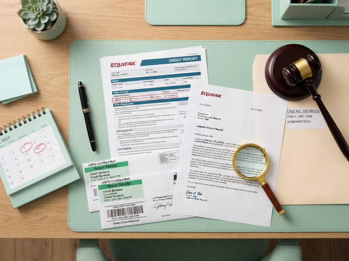 A people-free realistic flat-lay of a legal judgment removal workspace: a printed credit report with a red judgment entry highlighted, a gavel, certified mail return receipt envelopes, formal FCRA dispute letters, a courthouse document folder, a desk calendar, a magnifying glass, and a fountain pen neatly arranged on a modern desk with mint green accents