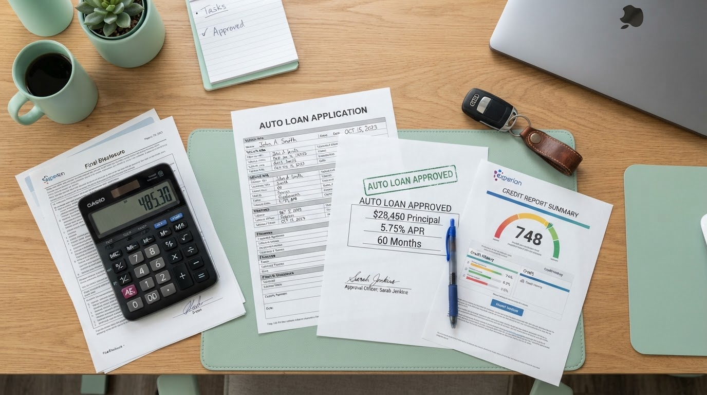 A people-free realistic flat-lay of an auto loan approval workspace: car keys on a leather keychain, an auto loan application form, a printed credit report showing a credit score, a calculator displaying monthly loan payments, approved financing paperwork, and a pen on a modern desk with mint green accents