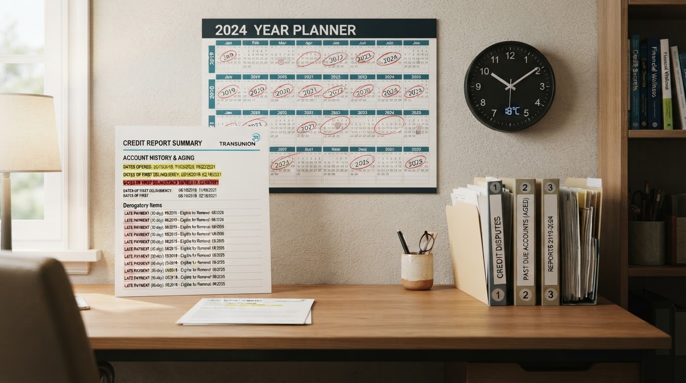 Credit report timeline workspace with a wall calendar showing seven years, a credit report document with highlighted dates, a clock, and file folders on a clean desk
