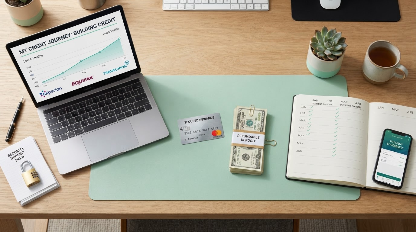 A secured credit card workspace with a single secured credit card, a stack of refundable deposit cash, a laptop showing a rising credit score chart and three credit bureau logos, a padlock symbolizing a security deposit held as collateral, and a calendar of on-time payments on a clean modern desk, no people, mint green and dark accents