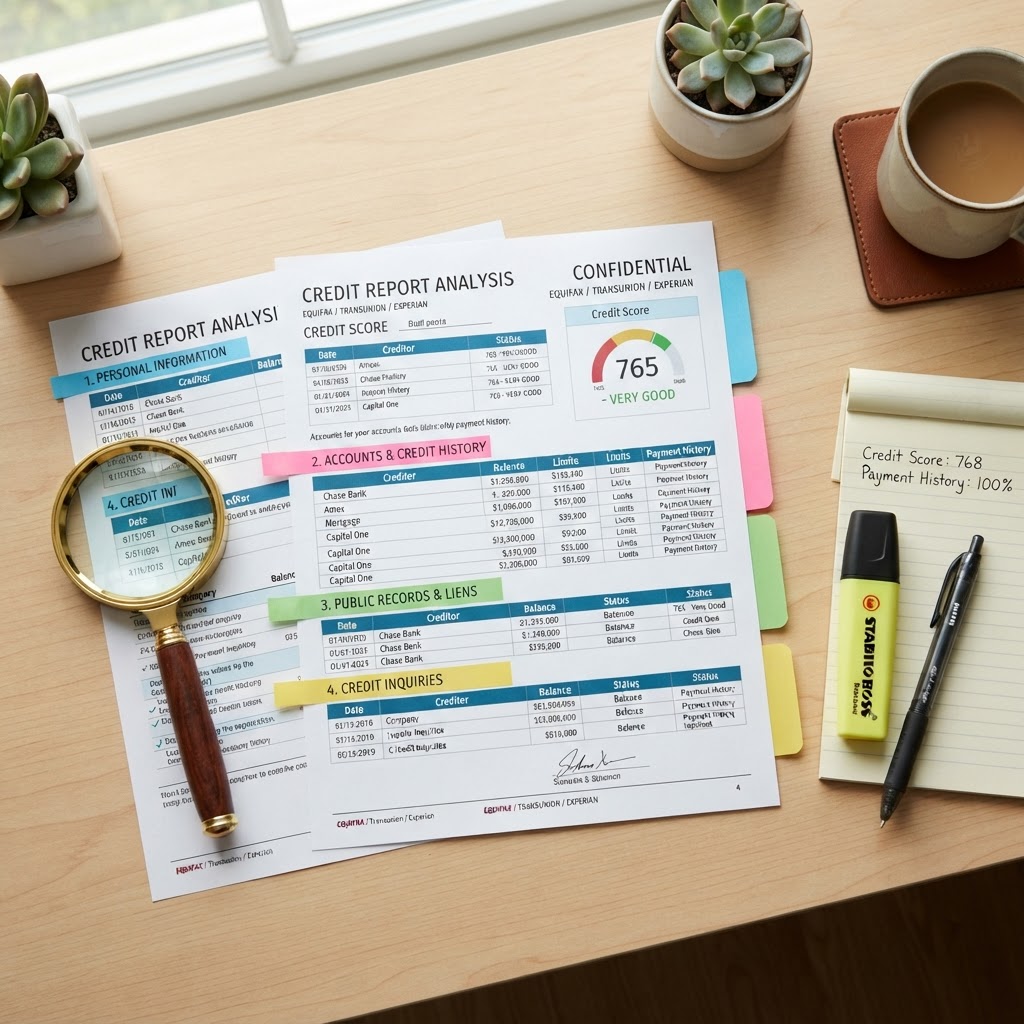 An open credit report document on a clean desk with a magnifying glass, highlighter pen, and color-coded sticky tabs marking different sections, professional financial document photography