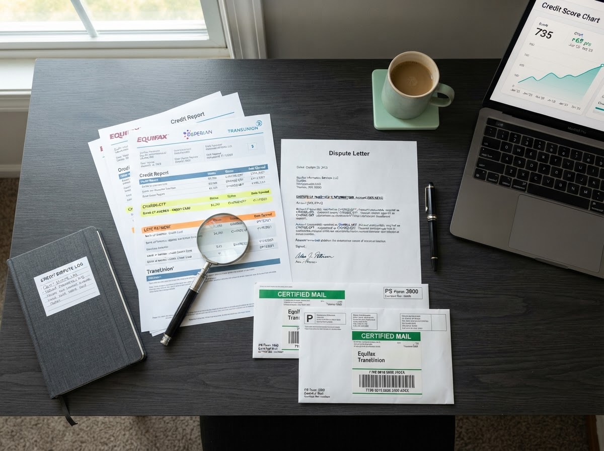 A credit report dispute workspace with a printed credit report showing a highlighted charge-off entry, a formal dispute letter, certified mail envelopes with tracking labels, a magnifying glass, a pen, and a laptop displaying a rising credit score chart, no people, mint green and dark accents