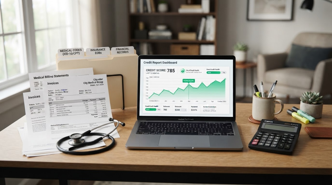 Medical billing statements, a stethoscope, a calculator, file folders labeled with medical codes, and a laptop displaying a credit report dashboard with a rising score chart on a clean modern desk, no people