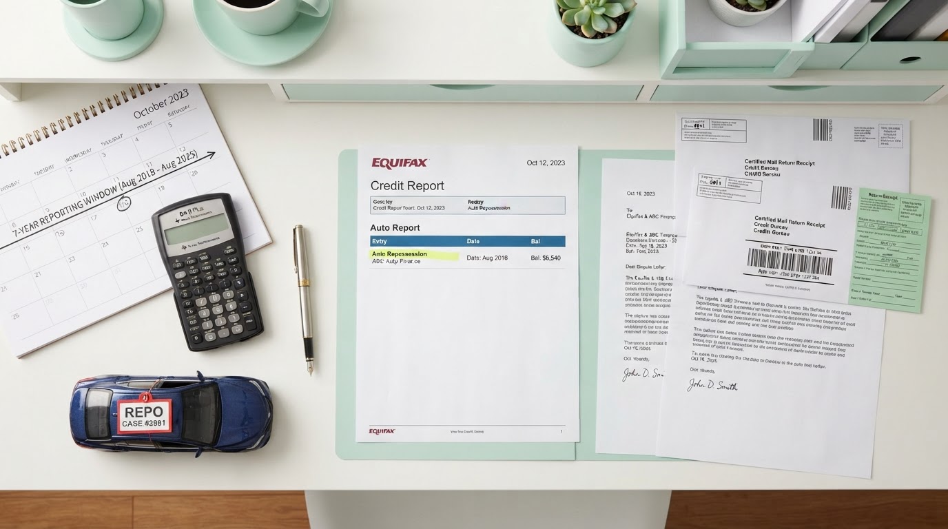 A people-free realistic flat-lay of a repossession removal workspace: a printed credit report with a repossession entry highlighted in yellow, certified mail return receipt envelopes, formal dispute letters, a desk calendar marked with a 7-year reporting window, a financial calculator, a small toy car with a red repo tag, and a fountain pen neatly arranged on a modern desk with mint green accents