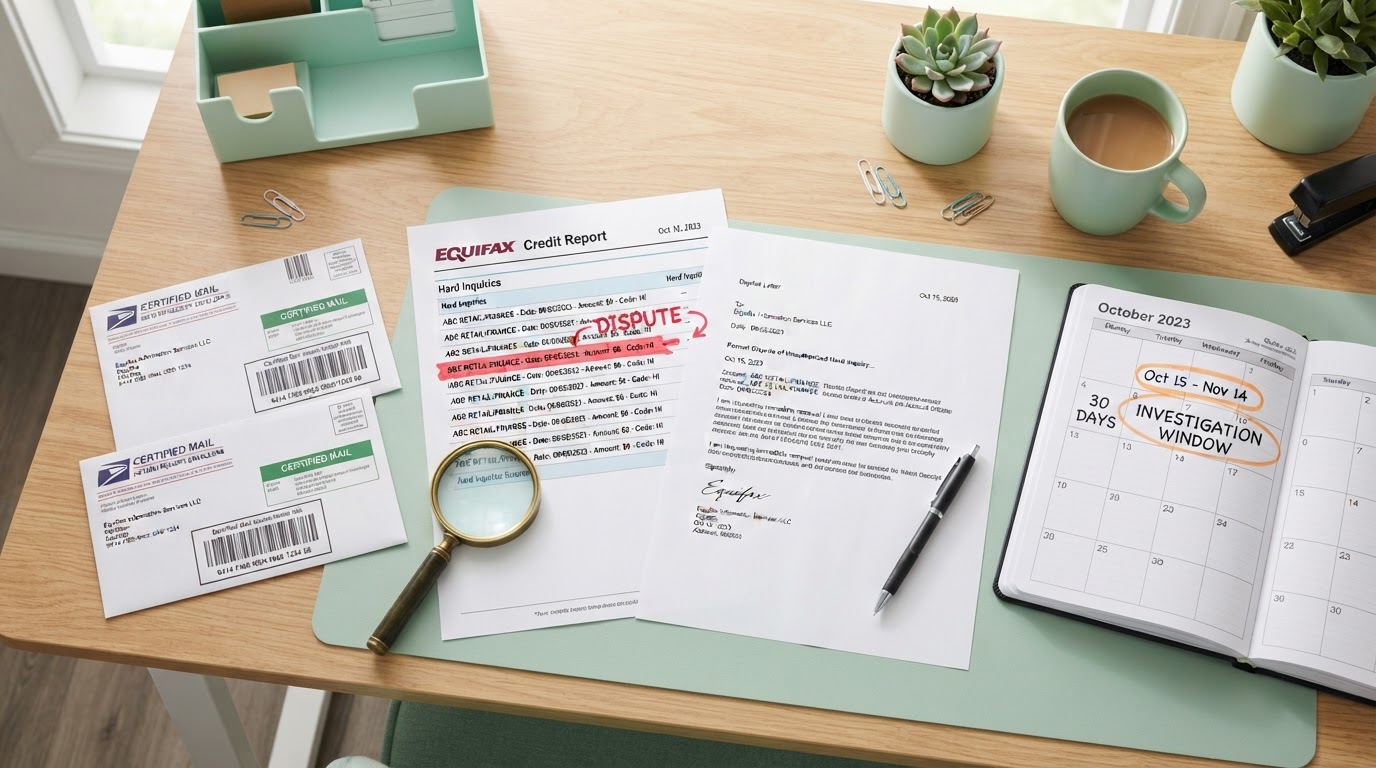 A people-free flat-lay of a hard inquiry dispute workspace: a credit report with a hard inquiry entry highlighted, certified mail return receipt envelopes, dispute letters, a magnifying glass, a calendar marked with a 30-day investigation window, and a pen on a modern desk with mint green accents