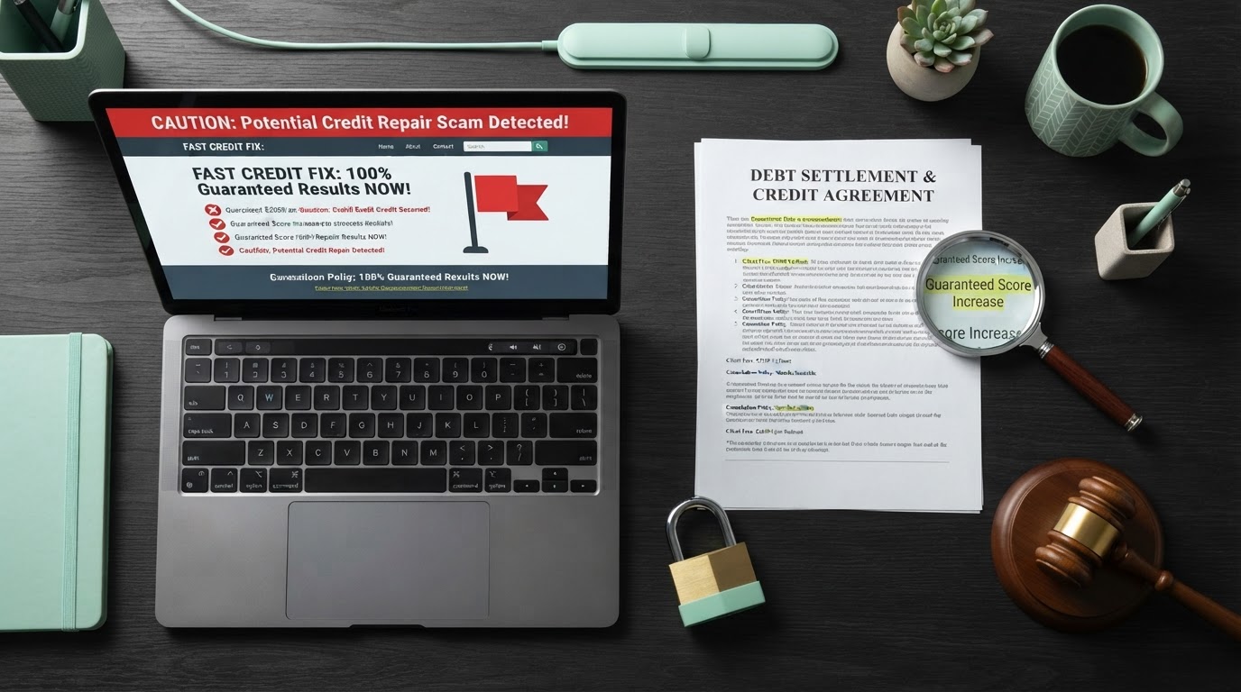 A credit repair scam warning workspace with a laptop displaying a warning over a credit repair advertisement, a red flag warning symbol, a magnifying glass, a highlighted contract, a padlock, and a gavel on a clean modern dark desk, no people, mint green and dark accents