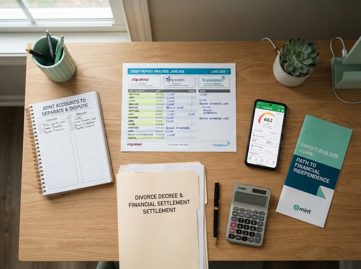 A people-free realistic flat-lay of a post-divorce credit repair workspace: a printed tri-merge credit report with joint accounts highlighted, a notebook listing joint accounts to separate, a smartphone showing a credit score dashboard, a divorce decree document folder, a credit-builder loan brochure, a pen, and a calculator neatly arranged on a modern desk with mint green accents