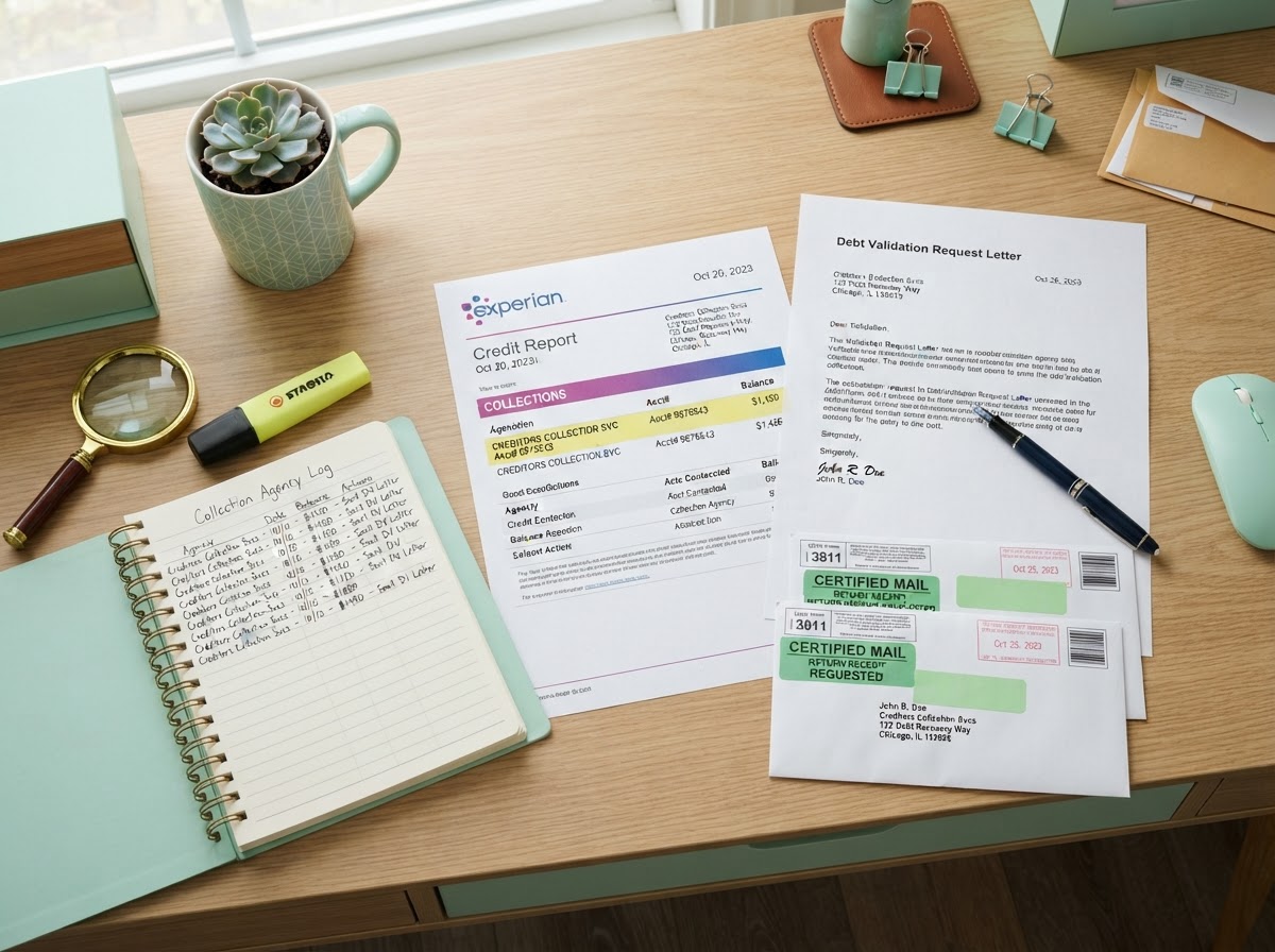 A people-free realistic flat-lay of a debt validation workspace: a printed credit report with a collection account highlighted, a formal debt validation request letter, certified mail return receipt envelopes, a notebook listing collection agencies, a magnifying glass, a highlighter, and a fountain pen neatly arranged on a modern desk with mint green accents