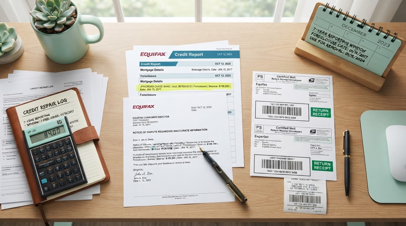A people-free realistic flat-lay of a foreclosure removal workspace: a credit report document with a foreclosure entry highlighted in yellow, certified mail return receipt envelopes, formal dispute letters, a desk calendar marked with a 7-year reporting window, a financial calculator, and a fountain pen neatly arranged on a modern desk with mint green accents