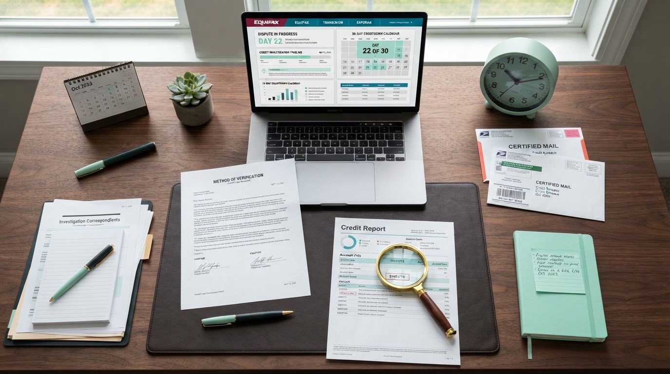 A credit dispute timeline workspace with a laptop displaying a credit report dispute status and a 30-day countdown calendar, certified mail envelopes with tracking receipts, a clock, a magnifying glass over a credit report, and a Method of Verification document on a clean modern dark desk, no people, mint green and dark accents