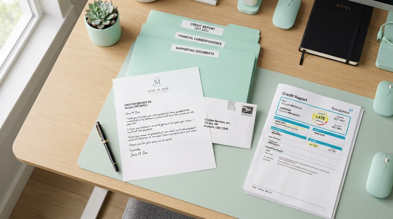 A people-free flat-lay of a goodwill letter workspace: a handwritten goodwill letter on letterhead, a stamped envelope, a credit report with a late payment mark highlighted, a fountain pen, and organized folders on a modern desk with mint green accents