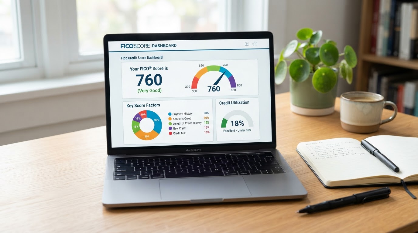 FICO credit score dashboard on a laptop screen showing a pie chart of the five scoring factors and a credit utilization gauge, with a notebook and pen on a clean desk