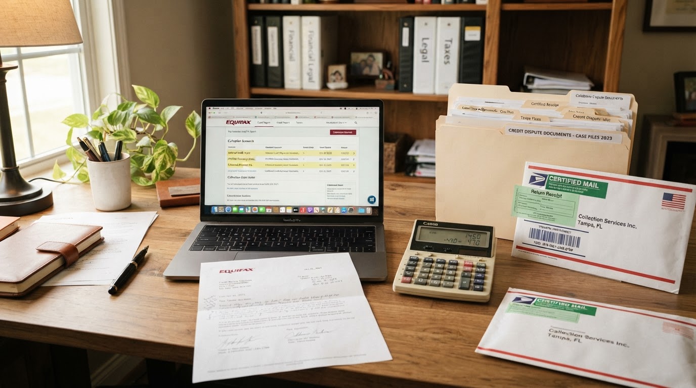 Collection dispute workspace with dispute letters, certified mail envelopes, file folders, and a laptop showing a credit report with collection accounts highlighted