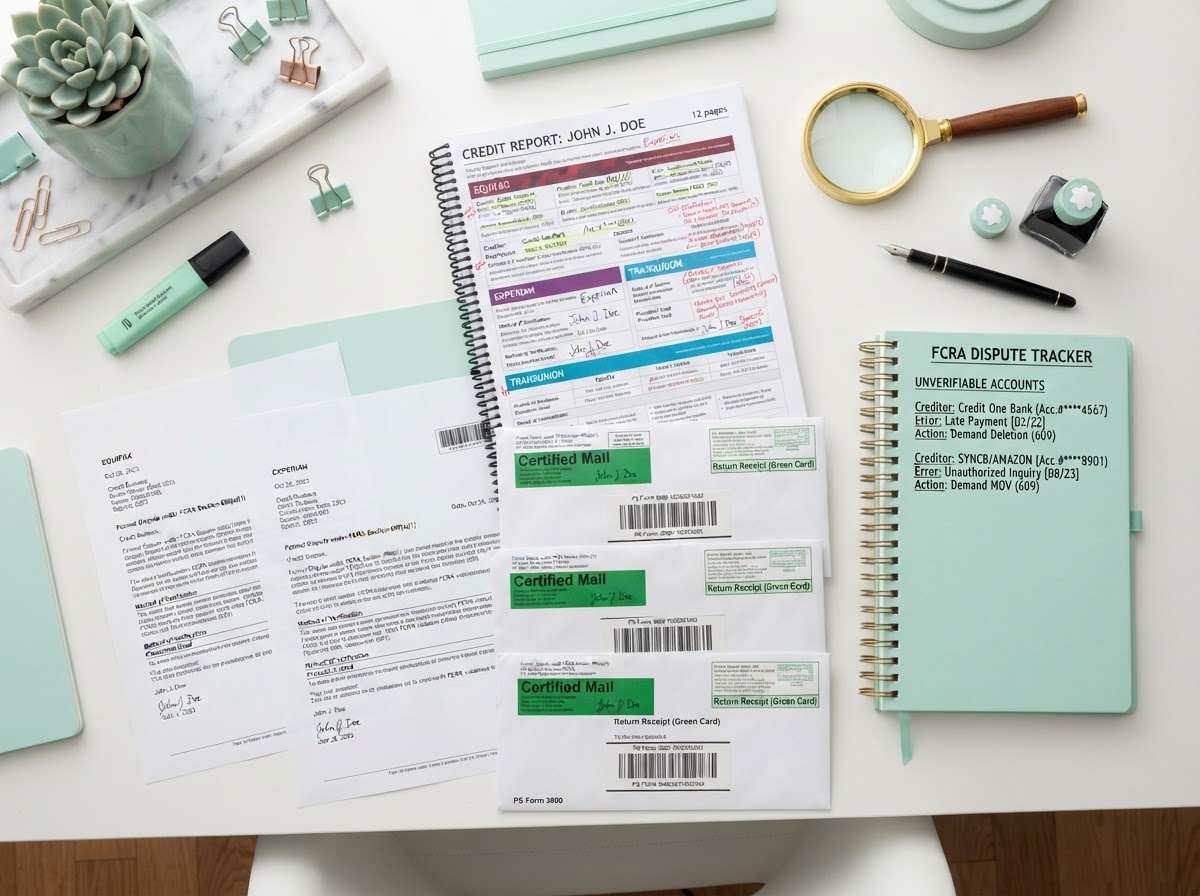 A people-free realistic flat-lay of an FCRA Section 609 dispute workspace: a printed credit report, formal 609 dispute letters, certified mail return receipt envelopes, a highlighter, a notebook listing unverifiable accounts, a magnifying glass, and a fountain pen neatly arranged on a modern desk with mint green accents