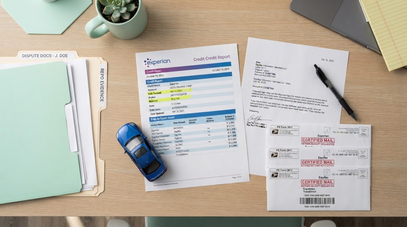 A people-free flat-lay of a repossession dispute workspace: a credit report with a repossession entry highlighted, certified mail return receipt envelopes, dispute letters, a small toy car turned on its side, file folders, and a pen on a modern desk with mint green accents