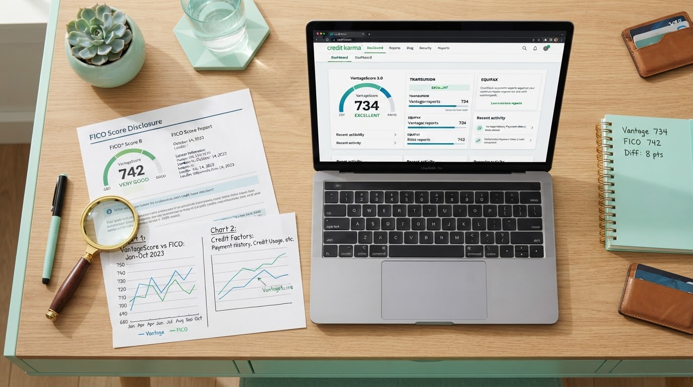 A people-free realistic flat-lay comparing credit scores side by side: a laptop displaying a Credit Karma VantageScore dashboard, a printed FICO score report beside it, two line charts showing score differences, a magnifying glass, and a pen on a modern desk with mint green accents