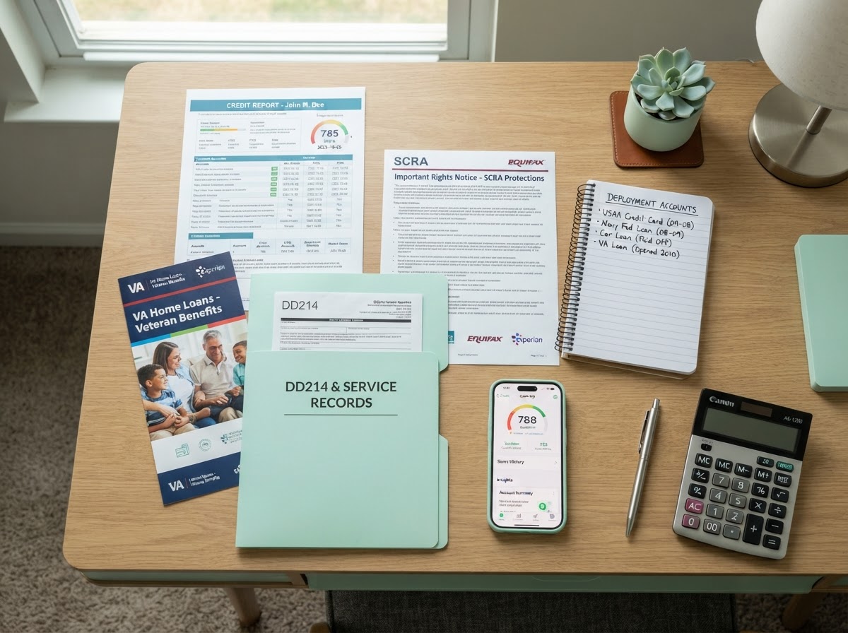A people-free realistic flat-lay of a military veteran credit workspace: a printed credit report, a VA loan brochure, a DD214 document folder, a SCRA notice, a notebook listing deployment-related accounts, a smartphone showing a credit score dashboard, a pen, and a calculator neatly arranged on a modern desk with mint green accents