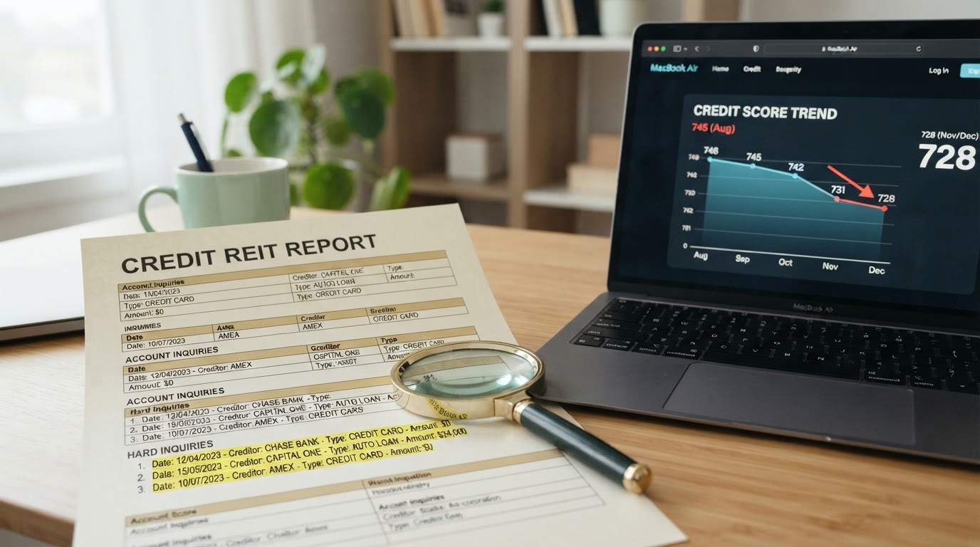 A credit report document on a desk with hard inquiry entries highlighted, a magnifying glass, and a laptop showing a credit score chart with a small dip, no people, mint green and dark accents
