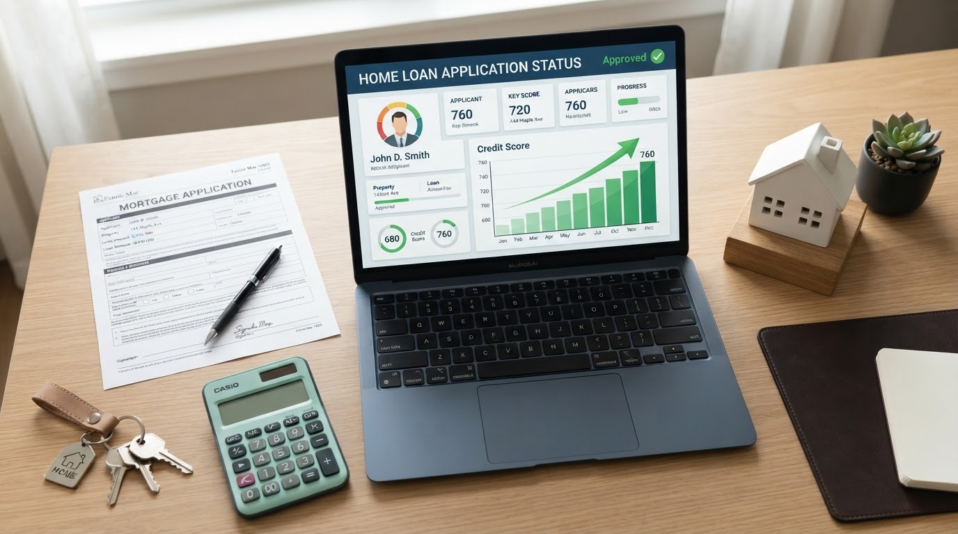 A mortgage application workspace with a laptop displaying a home loan approval dashboard and rising credit score chart, a small model house, a calculator, a pen, and a set of keys on a modern desk, no people, mint green and dark accents