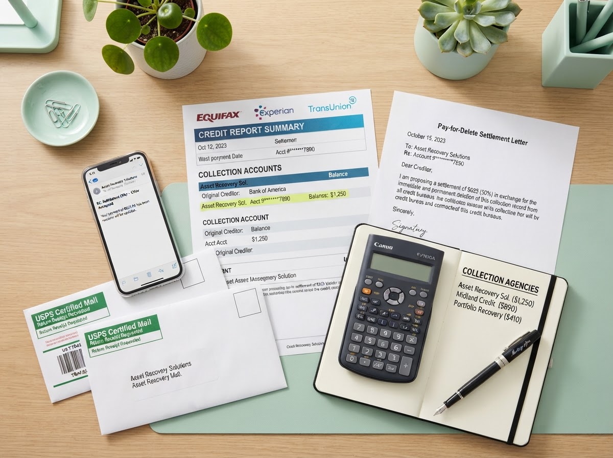 A people-free realistic flat-lay of a pay-for-delete negotiation workspace: a printed credit report with a collection account highlighted, a pay-for-delete settlement letter draft, a calculator, a notebook listing collection agencies, a smartphone showing a settlement offer, certified mail envelopes, and a fountain pen neatly arranged on a modern desk with mint green accents