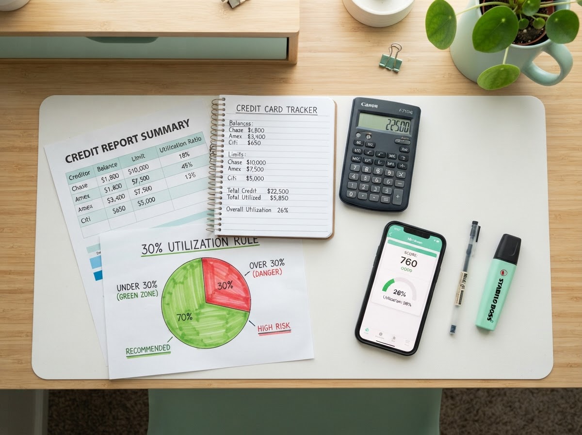 A people-free realistic flat-lay of a credit utilization workspace: a printed credit report showing utilization ratios, a calculator, a notebook listing credit card balances and limits, a smartphone showing a credit score dashboard, a pie chart of the 30 percent utilization rule, a pen, and a highlighter neatly arranged on a modern desk with mint green accents