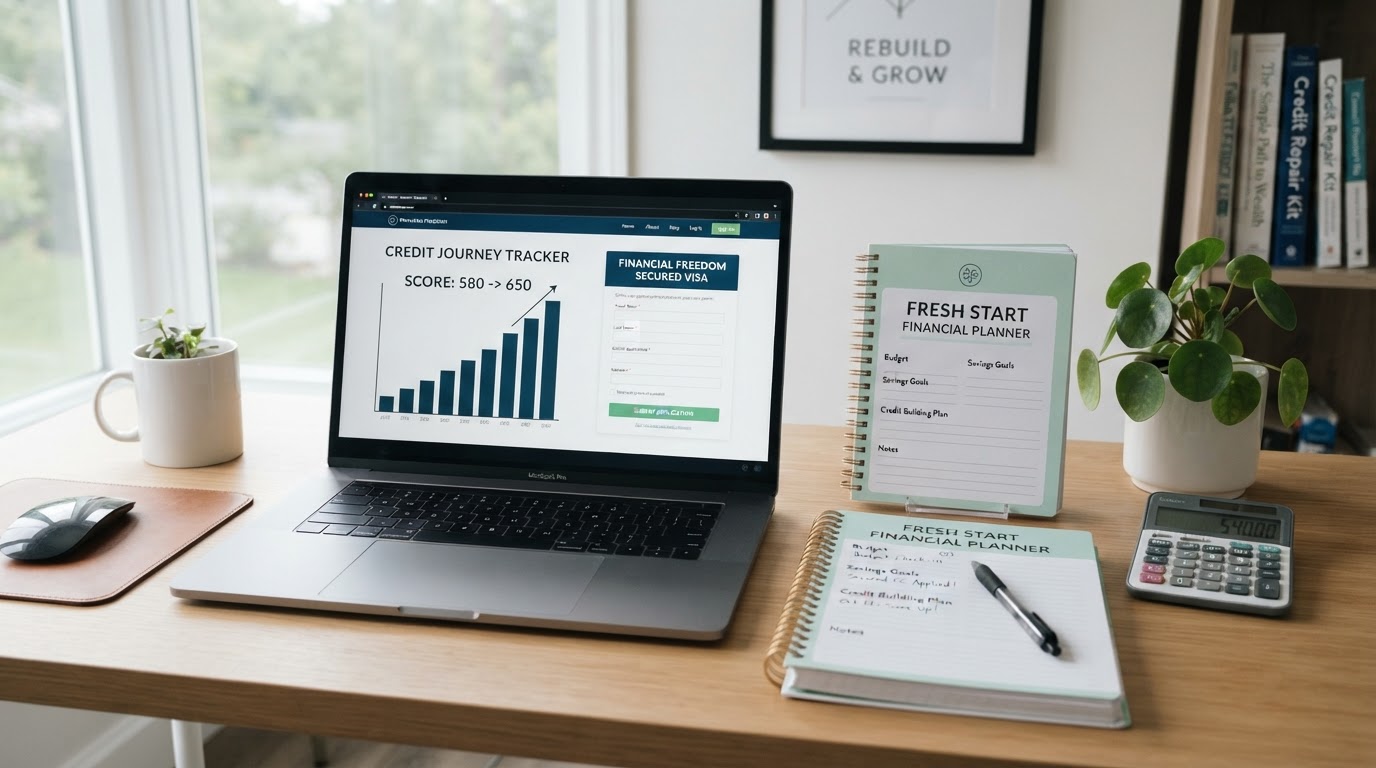 Credit rebuilding workspace with a laptop showing a rising credit score chart and a secured credit card application, a fresh start financial planner notebook, a pen, a calculator, and a small potted plant on a clean modern desk