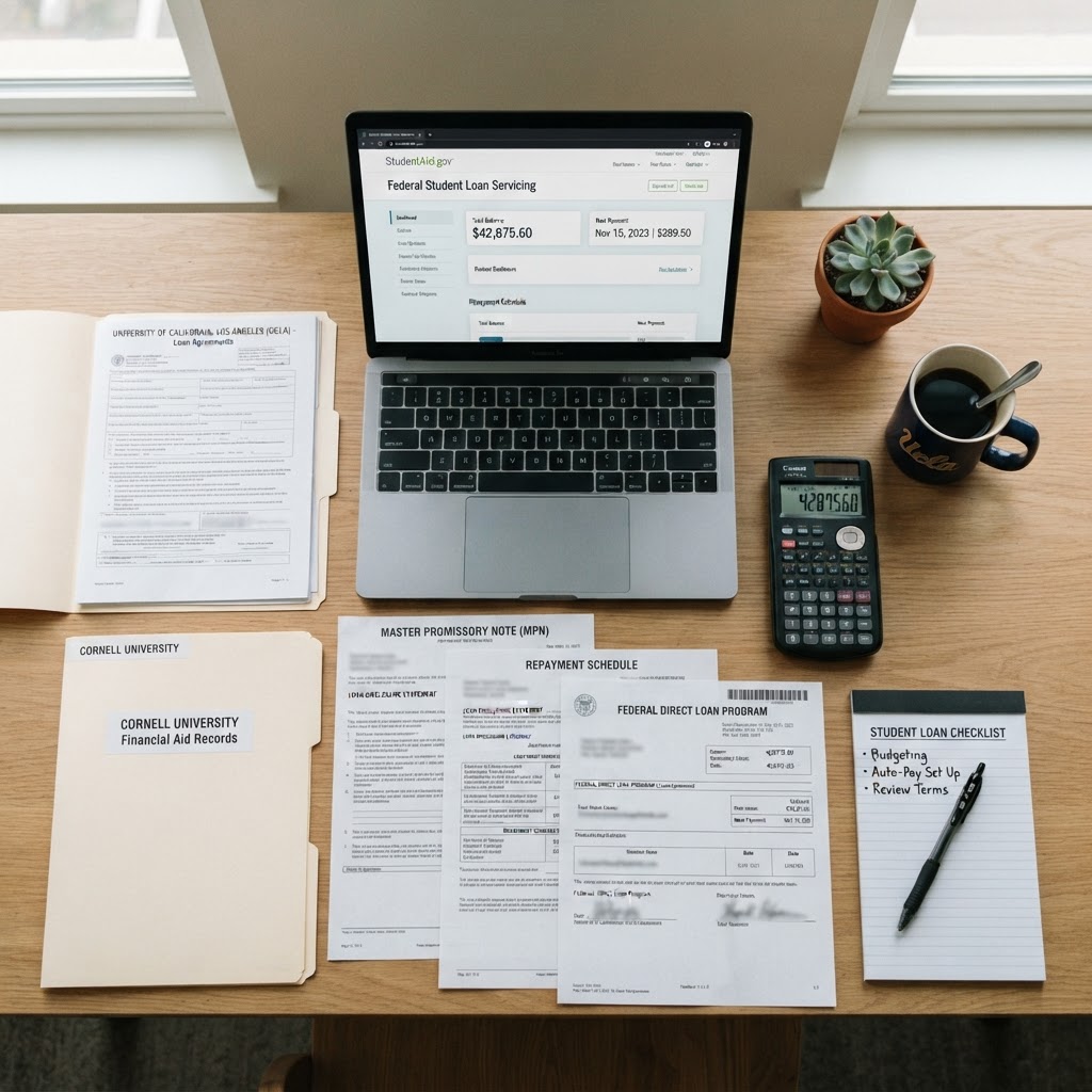 Student loan documents, a laptop showing a loan servicer portal, a calculator, and file folders labeled with university names on a clean modern desk, professional financial photography, no people
