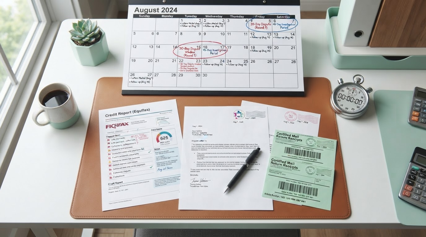A people-free realistic flat-lay of a credit repair timeline workspace: a large wall calendar with 30-day and 45-day dispute windows circled, a printed credit report, formal dispute letters, green certified mail receipts, a stopwatch, and a pen neatly arranged on a modern desk with mint green accents