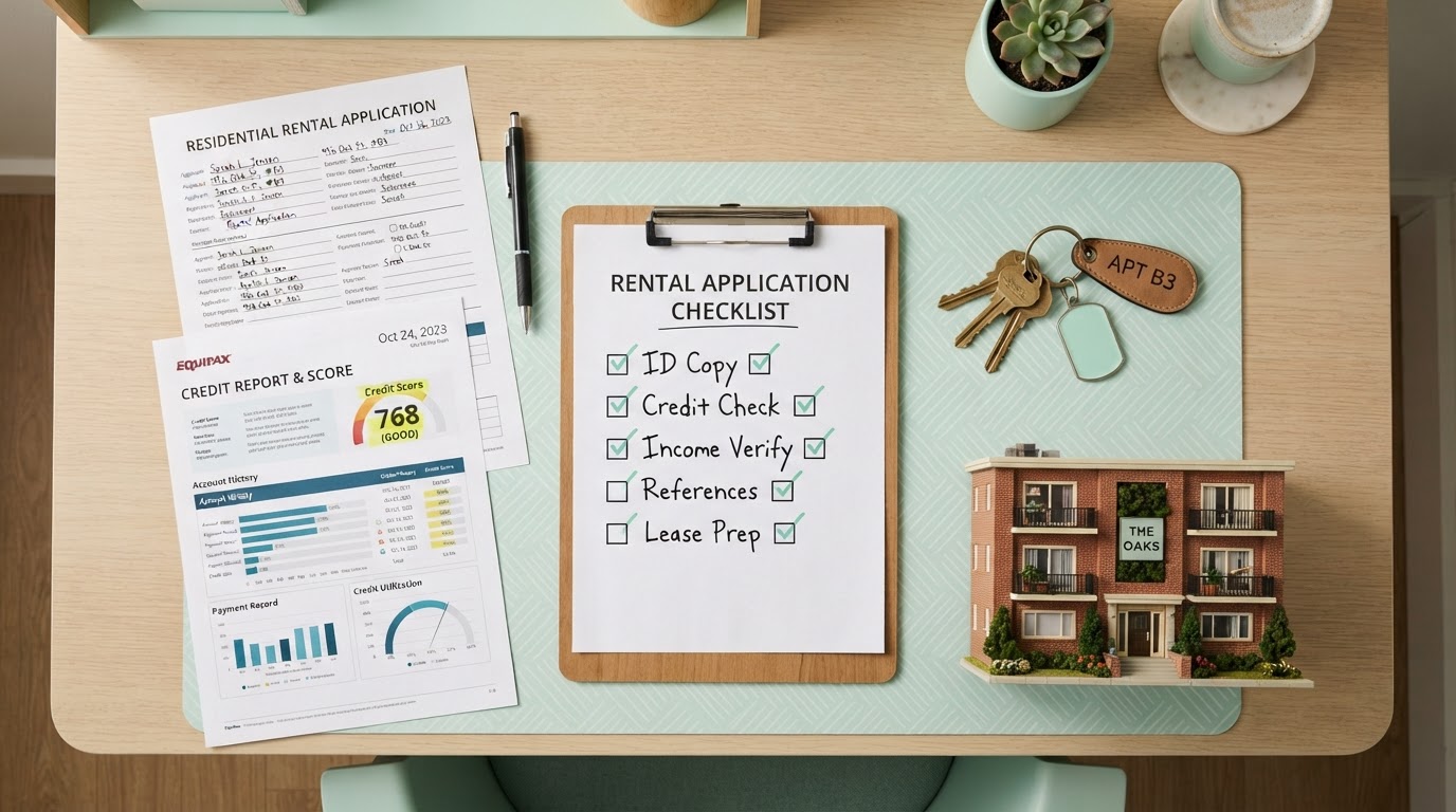 A people-free flat-lay of a rental application and credit workspace: a rental application form, a credit report with a score highlighted, a set of apartment keys on a keyring, a small model apartment building, a pen, and a checklist clipboard on a modern desk with mint green accents